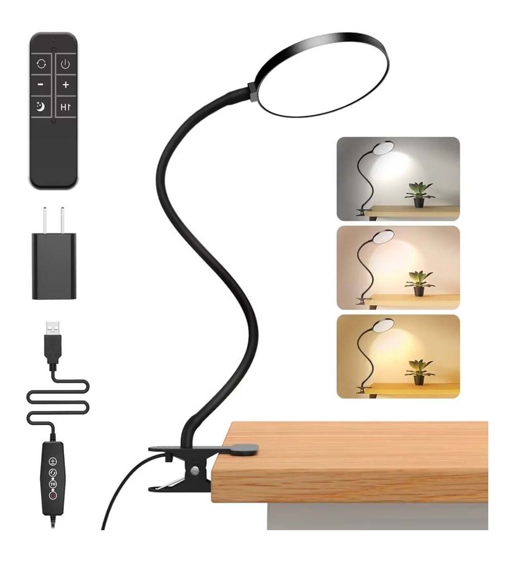 LED Desk Clamp Lamp with Remote and Flexible Gooseneck, 3 Color Modes Dimmable